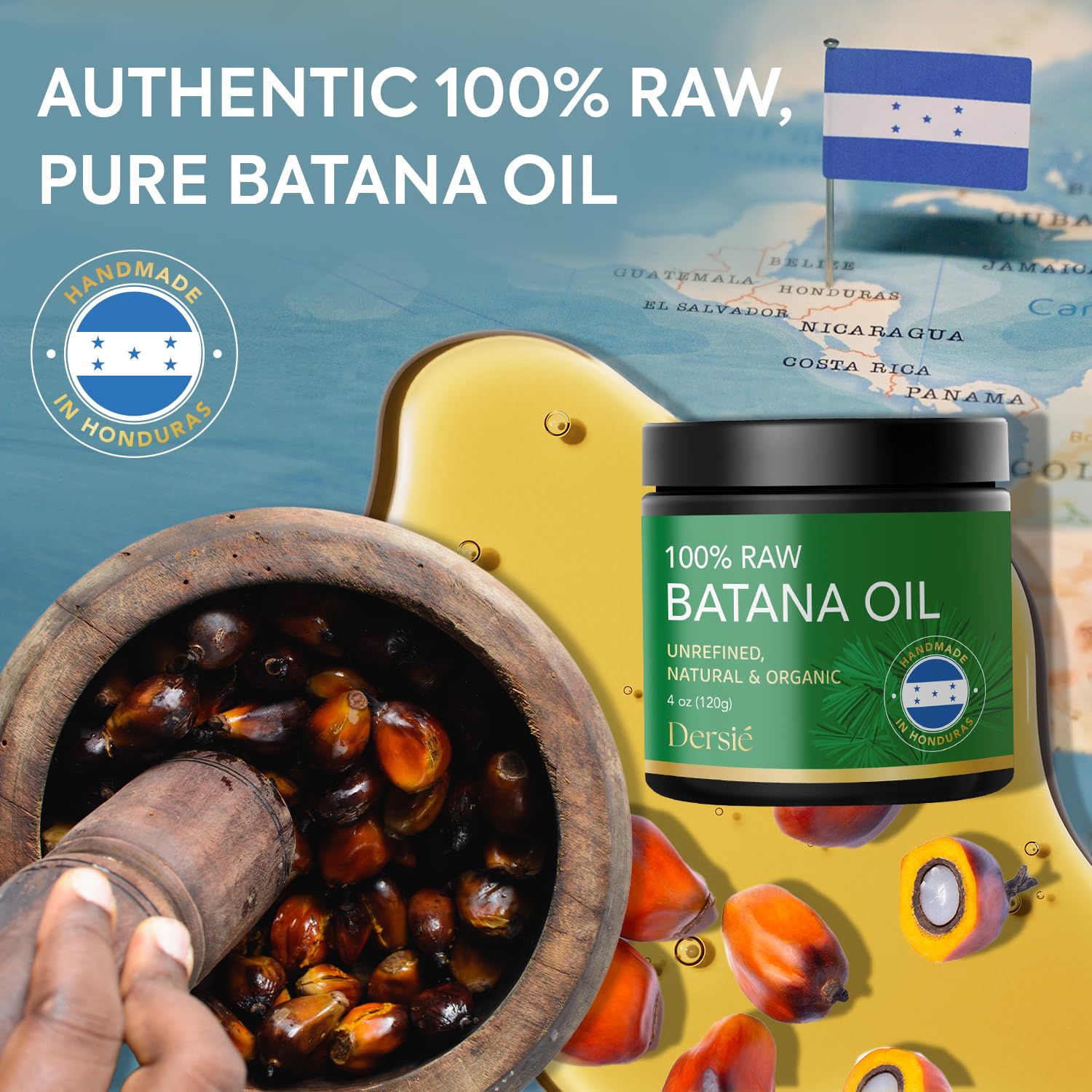 Authentic Batana Oil for Hair Growth: Handmade in Honduras 100% Raw Batana Oil - 100% Pure & Natural, Unrefined - Approved by Dr. Sebi for Thicker, Stronger, Fuller Hair - 4 oz